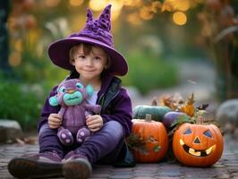 Kid in a Halloween costume with a playful pose AI Generative photo