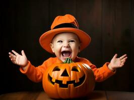 Kid in a Halloween costume with a playful pose AI Generative photo