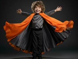 niño en un Víspera de Todos los Santos disfraz con un juguetón actitud ai generativo foto