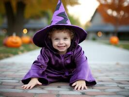 Kid in a Halloween costume with a playful pose AI Generative photo