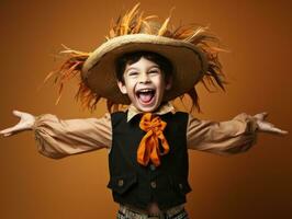 niño en un Víspera de Todos los Santos disfraz con un juguetón actitud ai generativo foto