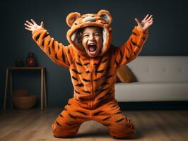 niño en un Víspera de Todos los Santos disfraz con un juguetón actitud ai generativo foto