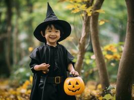 Kid in a Halloween costume with a playful pose AI Generative photo