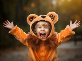 niño en un Víspera de Todos los Santos disfraz con un juguetón actitud ai generativo foto