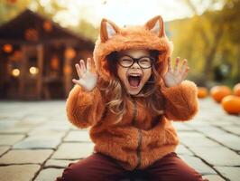 niño en un Víspera de Todos los Santos disfraz con un juguetón actitud ai generativo foto