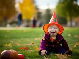 Kid in a Halloween costume with a playful pose AI Generative photo
