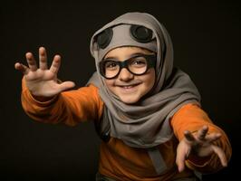 niño en un Víspera de Todos los Santos disfraz con un juguetón actitud ai generativo foto