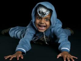 Kid in a Halloween costume with a playful pose AI Generative photo