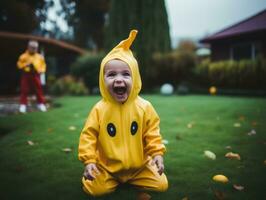 niño en un Víspera de Todos los Santos disfraz con un juguetón actitud ai generativo foto