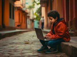 Colombian kid working on a laptop in a vibrant urban setting AI Generative photo