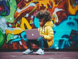 Colombian kid working on a laptop in a vibrant urban setting AI Generative photo