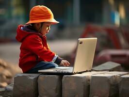 Colombian kid working on a laptop in a vibrant urban setting AI Generative photo