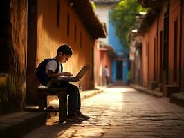 Colombian kid working on a laptop in a vibrant urban setting AI Generative photo