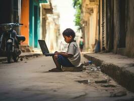 Colombian kid working on a laptop in a vibrant urban setting AI Generative photo