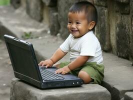 Colombian kid working on a laptop in a vibrant urban setting AI Generative photo