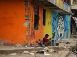 Colombian kid working on a laptop in a vibrant urban setting AI Generative photo