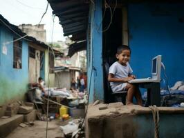 Colombian kid working on a laptop in a vibrant urban setting AI Generative photo