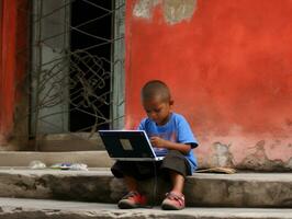 Colombian kid working on a laptop in a vibrant urban setting AI Generative photo