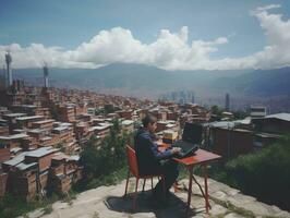 Colombiana niño trabajando en un ordenador portátil en un vibrante urbano ajuste ai generativo foto