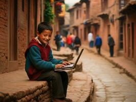 Colombian kid working on a laptop in a vibrant urban setting AI Generative photo