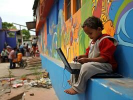 Colombian kid working on a laptop in a vibrant urban setting AI Generative photo