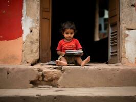 Colombian kid working on a laptop in a vibrant urban setting AI Generative photo