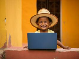 Colombian kid working on a laptop in a vibrant urban setting AI Generative photo