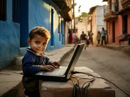 Colombian kid working on a laptop in a vibrant urban setting AI Generative photo