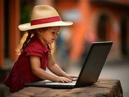 Colombian kid working on a laptop in a vibrant urban setting AI Generative photo