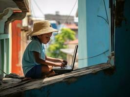 Colombian kid working on a laptop in a vibrant urban setting AI Generative photo