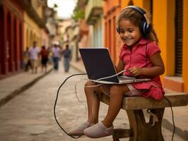 Colombian kid working on a laptop in a vibrant urban setting AI Generative photo