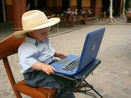 Colombiana niño trabajando en un ordenador portátil en un vibrante urbano ajuste ai generativo foto