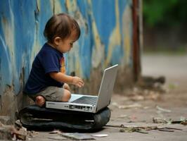 Colombian kid working on a laptop in a vibrant urban setting AI Generative photo