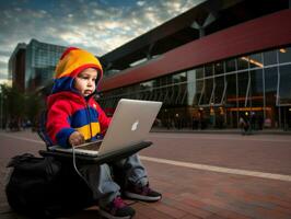 Colombian kid working on a laptop in a vibrant urban setting AI Generative photo