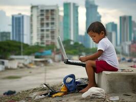 Colombian kid working on a laptop in a vibrant urban setting AI Generative photo