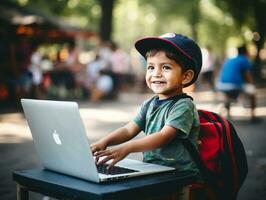 Colombian kid working on a laptop in a vibrant urban setting AI Generative photo