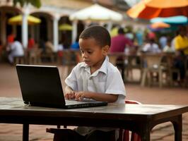 Colombian kid working on a laptop in a vibrant urban setting AI Generative photo