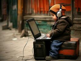 Colombian kid working on a laptop in a vibrant urban setting AI Generative photo