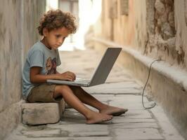 Colombian kid working on a laptop in a vibrant urban setting AI Generative photo