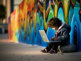 Colombian kid working on a laptop in a vibrant urban setting AI Generative photo