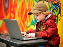 Colombian kid working on a laptop in a vibrant urban setting AI Generative photo