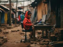 Colombiana niño trabajando en un ordenador portátil en un vibrante urbano ajuste ai generativo foto