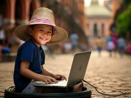 Colombian kid working on a laptop in a vibrant urban setting AI Generative photo