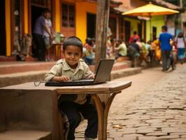 Colombian kid working on a laptop in a vibrant urban setting AI Generative photo