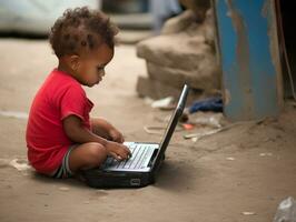 Colombian kid working on a laptop in a vibrant urban setting AI Generative photo