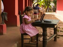 Colombian kid working on a laptop in a vibrant urban setting AI Generative photo