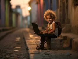 Colombian kid working on a laptop in a vibrant urban setting AI Generative photo