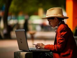 Colombian kid working on a laptop in a vibrant urban setting AI Generative photo