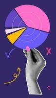 Hand and a graphic. Halftone collage in bright colours. Hand with circular diagram. Vector illustration