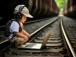 Colombian kid working on a laptop in a vibrant urban setting AI Generative photo